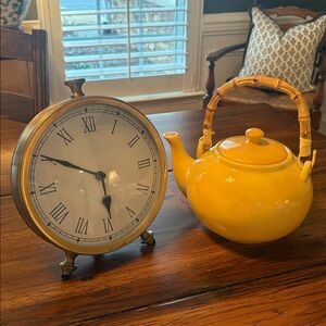 Pottery Barn Clock & Sunlit Yellow Teapot with Bamboo Handle